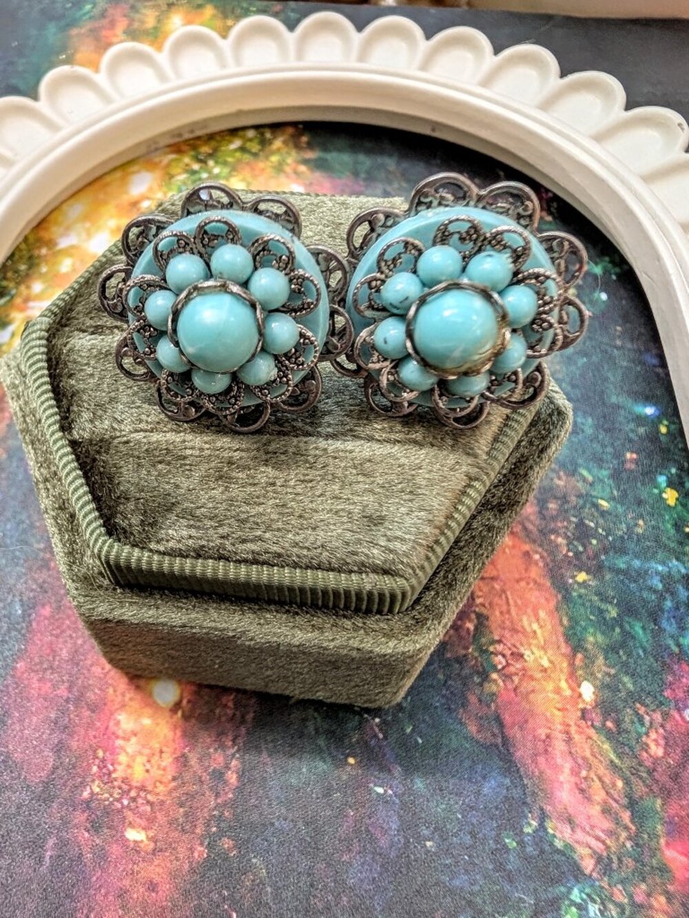 1940's Silver Tone Filigree and Blue Faux Turquoise Screw Back Earrings